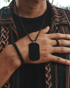 SET BLACK CADENA MILITAR + PULSERA PERLAS + ANILLO NEGRO