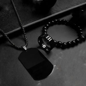 SET BLACK CADENA MILITAR + PULSERA PERLAS + ANILLO NEGRO