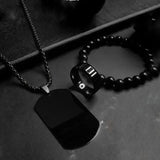 SET BLACK CADENA MILITAR + PULSERA PERLAS + ANILLO NEGRO